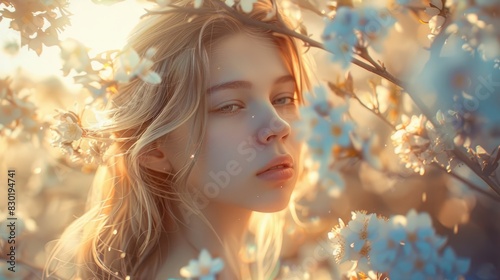 A beautiful young woman stands in the warm sun, surrounded by pastel-colored flowers, creating a romantic and idyllic portrait