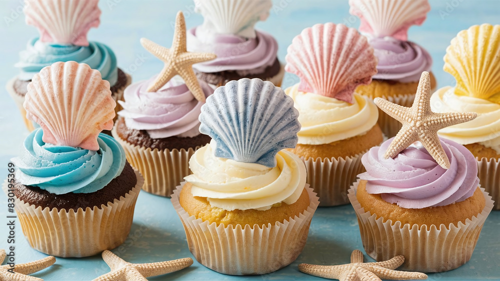 cute culinary decorated cupcakes with sea stars and shells, theme, special occasion, delicatessen catering, high-end pastry cute culinary decorated cupcakes with sea stars and shells, theme, special occasion, delicatessen catering, high-end pastry