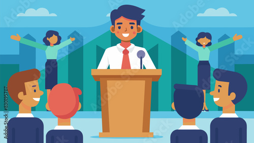 One student on the debate team stands confidently at the front of the room gesticulating and presenting their argument with passion and precision.. Vector illustration