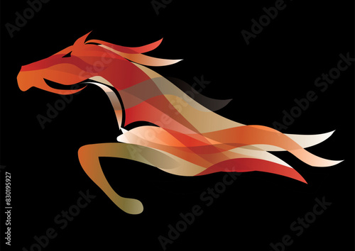 Running horse.  Colorful stylized illustration of running horse on black background. Vector available.     © jiris