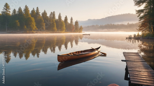 A serene lakeside scene with a wooden dock, canoes, and mist rising from the water at dawn. Generative AI. #830195980
