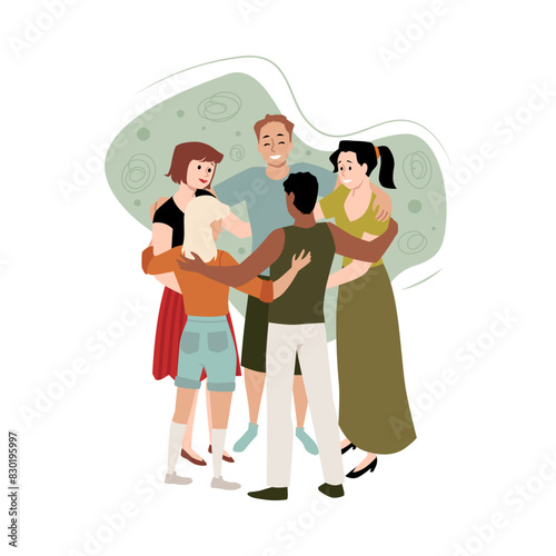 Young people group hug, vector cartoon diverse happy men women hugging together, teenagers friends embrace, support team
