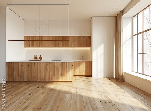 Minimalistic wooden kitchen interior with white walls, beige and wood floor, 