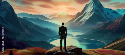 AdobeBusinessman on top of a mountain observing a forested landscape. Concept of conquest, greed, devastation, ecology. Illustrator Artwork