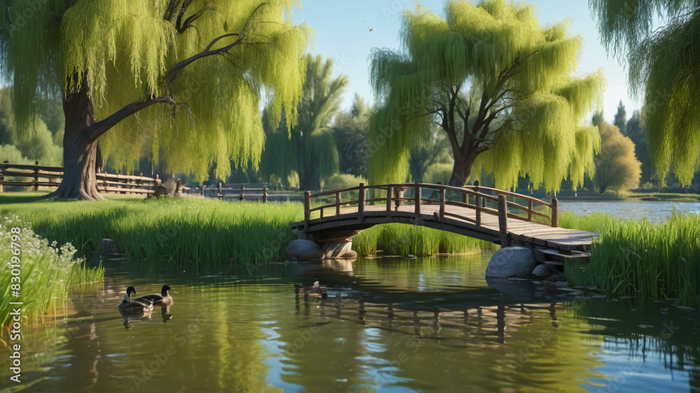 A tranquil riverside scene with a wooden bridge, willow trees, and ducks swimming in the water. Generative AI. A tranquil riverside scene with a wooden bridge, willow trees, and ducks swimming in the water. Generative AI.