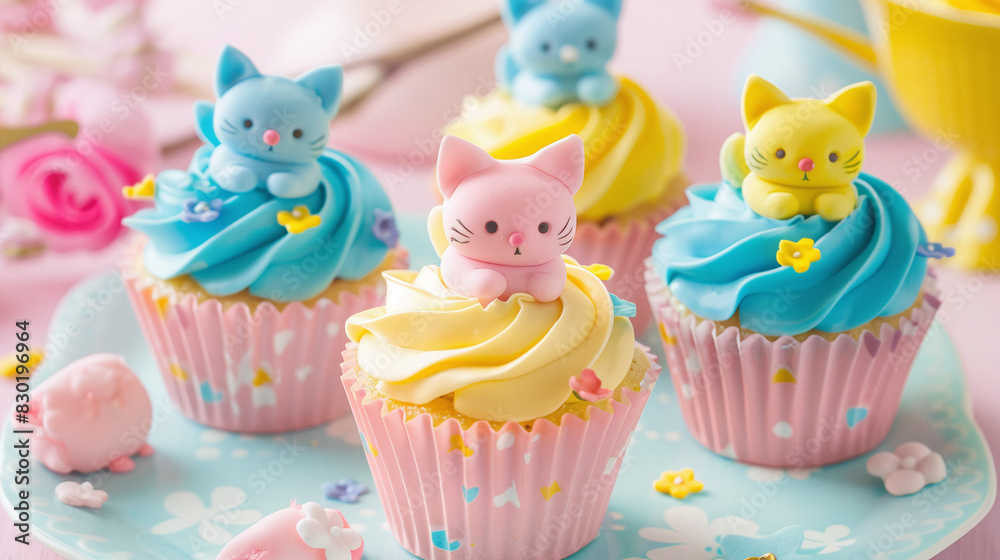 cute decorated cupcakes with kitten theme, niji style, special occasion, delicatessen catering, high-end pastry cute decorated cupcakes with kitten theme, niji style, special occasion, delicatessen catering, high-end pastry