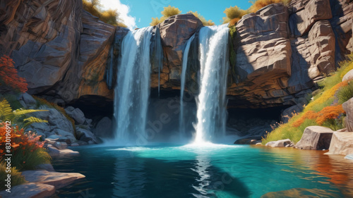 A majestic waterfall cascading down rugged cliffs into a crystal clear pool below. Generative AI.