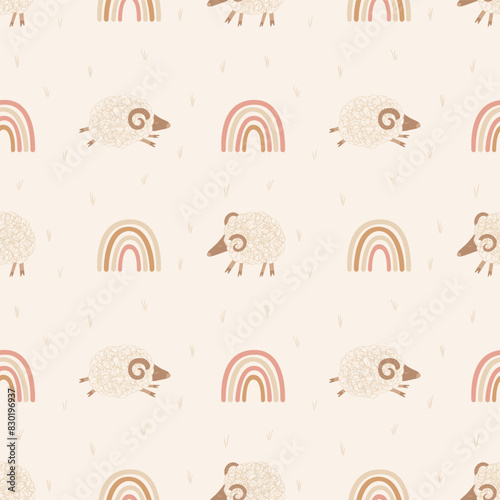 seamless vector pattern with cute sheeps, rainbow on beige background, colorful pattern with animals