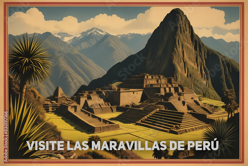 A 1950s postcard promotes tourism to Peru, showcasing the awe-inspiring ruins of an ancient Inca town nestled amidst the Andean peaks.