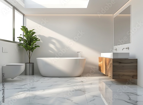 Modern bathroom with a bathtub  toilet and sink on the right side of the frame  white marble floor tiles  