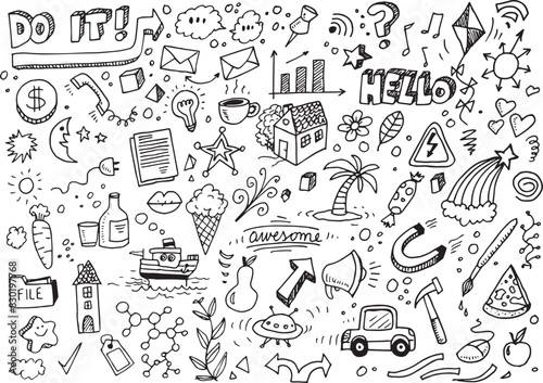 Set of different doodles, hand drawn vector elements on white background