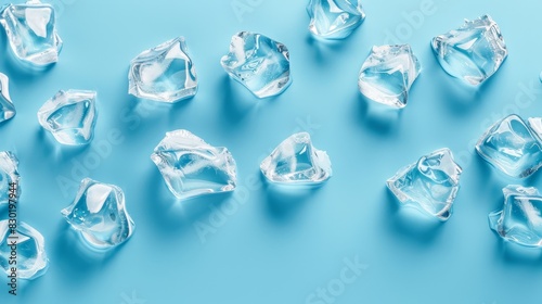  A collection of ice cubes sits atop a blue table, their individual forms aligning closely together One ice cube is positioned centrally in the assembly, residing on the light photo