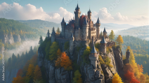 A majestic castle atop a cliff overlooking a vast forest with mist swirling around the turrets. Generative AI. photo