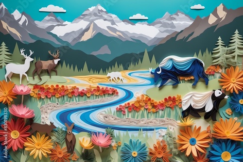 Paper Art Landscape: 3D Paper Quilling Art Concept: Nature's Serenity and Wildlife Application: Decorative Background or Seasonal Display Purpose: Creative Project Asset View: Frontal View