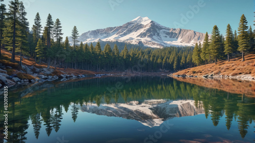 A tranquil mountain lake surrounded by pine trees, with a reflection of the snowy peaks. Generative AI.