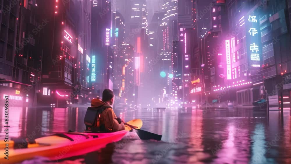 A person is kayaking in a city at night, navigating the waterways under the city lights, A futuristic interpretation of a kayak floating through a neon-lit cityscape A person is kayaking in a city at night, navigating the waterways under the city lights, A futuristic interpretation of a kayak floating through a neon-lit cityscape