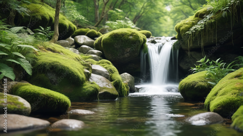A peaceful riverside scene with a small waterfall, moss-covered rocks, and lush greenery. Generative AI. A peaceful riverside scene with a small waterfall, moss-covered rocks, and lush greenery. Generative AI.