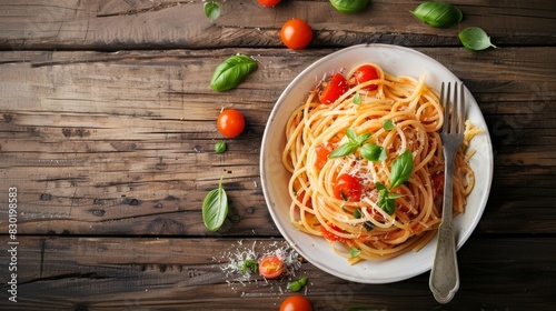 A rustic presentation of tomato basil spaghetti, perfectly plated on a wooden table for a homestyle feel. Banner with copy space photo