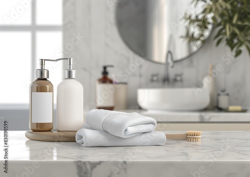White bathroom counter with towels and soap bottle on blurred background  mockup for product display montage stock photo contest winner 