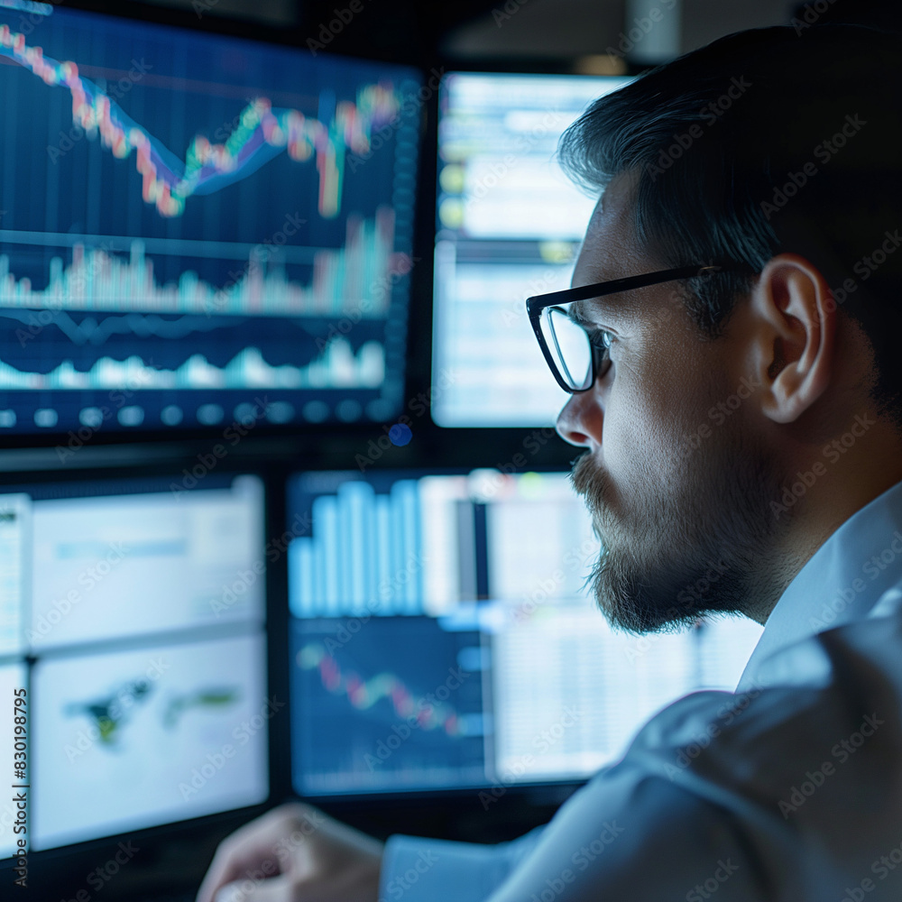 Fototapeta premium Focused Trader Analyzing Stock Market Data on Multiple Screens