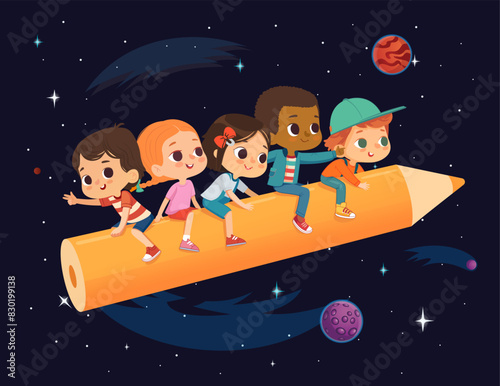 Multicultural Children Fly While Sitting Astride a Blue Pencil. Night sky Clouds And Stars in the Background. Imagination And Cognition Concept.