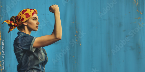 Strong Woman in Rosie the Riveter Pose with Blue Background