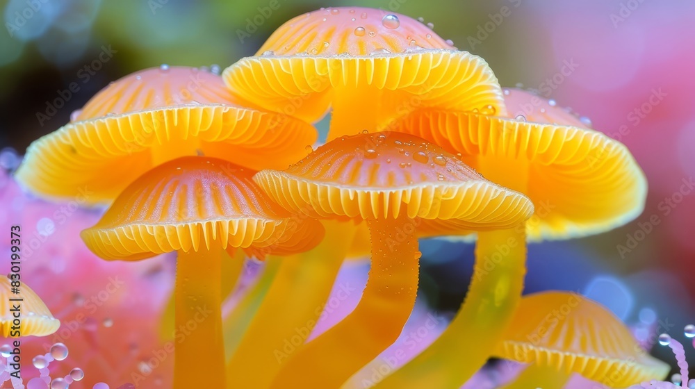 A cluster of tiny yellow mushrooms sits atop a vibrant green and pink flower-filled meadow, adorned with beads of dew on their caps A cluster of tiny yellow mushrooms sits atop a vibrant green and pink flower-filled meadow, adorned with beads of dew on their caps