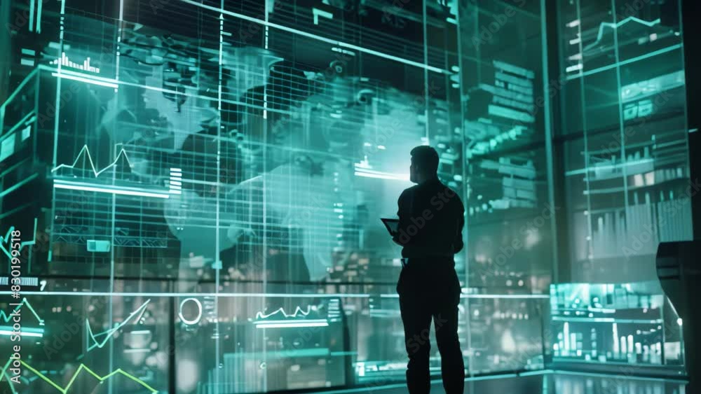 A man is standing in front of a large screen displaying futuristic financial forecasting data, A futuristic visualization of financial forecasting and projections A man is standing in front of a large screen displaying futuristic financial forecasting data, A futuristic visualization of financial forecasting and projections