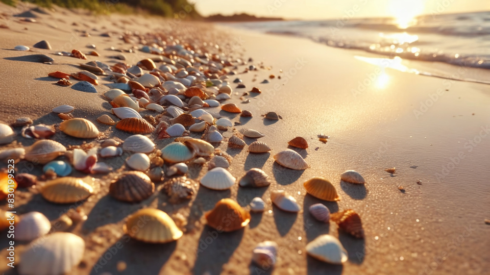 Obraz premium A tranquil beach at sunset with golden sand, gentle waves, and colorful seashells scattered about. Generative AI.