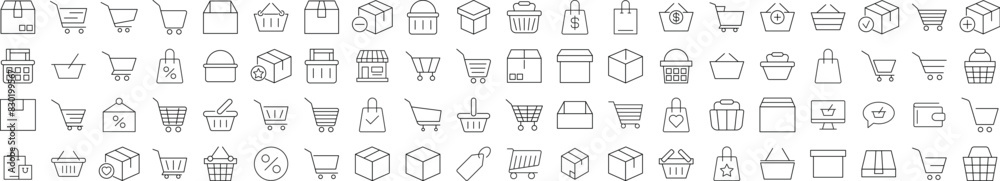Collection of icons of Shops, Stores, Shopping Cart and Shopping Basket for Advertisement. Suitable for books, stores, shops. Editable stroke in minimalistic outline style. Symbol for design Collection of icons of Shops, Stores, Shopping Cart and Shopping Basket for Advertisement. Suitable for books, stores, shops. Editable stroke in minimalistic outline style. Symbol for design
