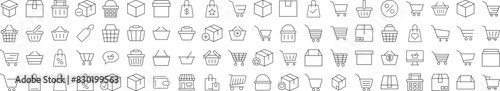 Collection of Icons of Shops, Stores, Shopping Cart and Shopping Basket for Shops and Stores. Suitable for books, stores, shops. Editable stroke in minimalistic outline style. Symbol for design