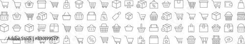 Collection of Signs of Shops, Stores, Shopping Cart and Shopping Basket. Suitable for books, stores, shops. Editable stroke in minimalistic outline style. Symbol for design