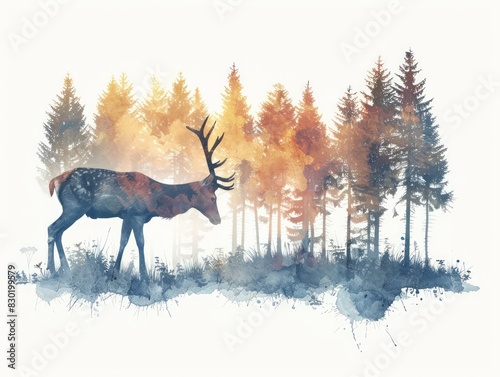 A lone deer stands in a forest clearing  surrounded by tall trees and bathed in a warm  golden light.