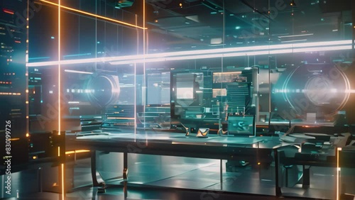 A futuristic office setting featuring a sleek glass table illuminated by vibrant neon lights, A futuristic workspace with holographic computer screens photo