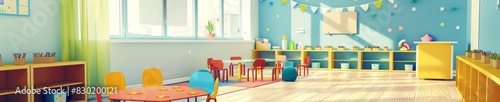 Colorful kindergarten classroom illustration, vivid hues, childfriendly decor, playful atmosphere, empty space photo