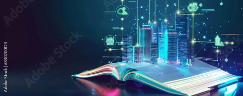 Futuristic schoolbook with holographic city icons, digital interface, glowing lights, innovative education concept photo
