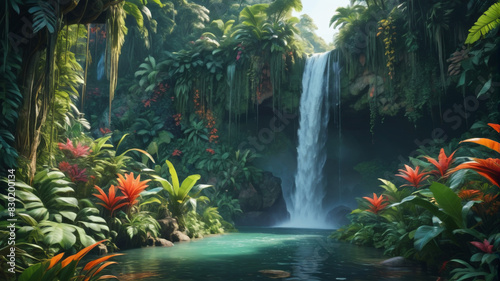 A majestic waterfall hidden in a lush jungle  surrounded by vibrant foliage and exotic wildlife. Generative AI.