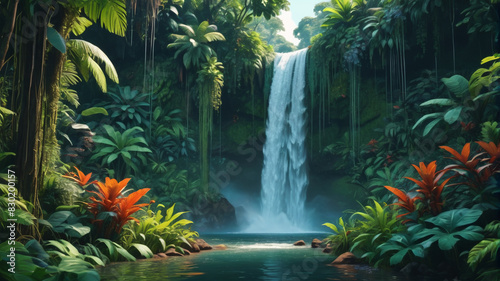 A majestic waterfall hidden in a lush jungle  surrounded by vibrant foliage and exotic wildlife. Generative AI.