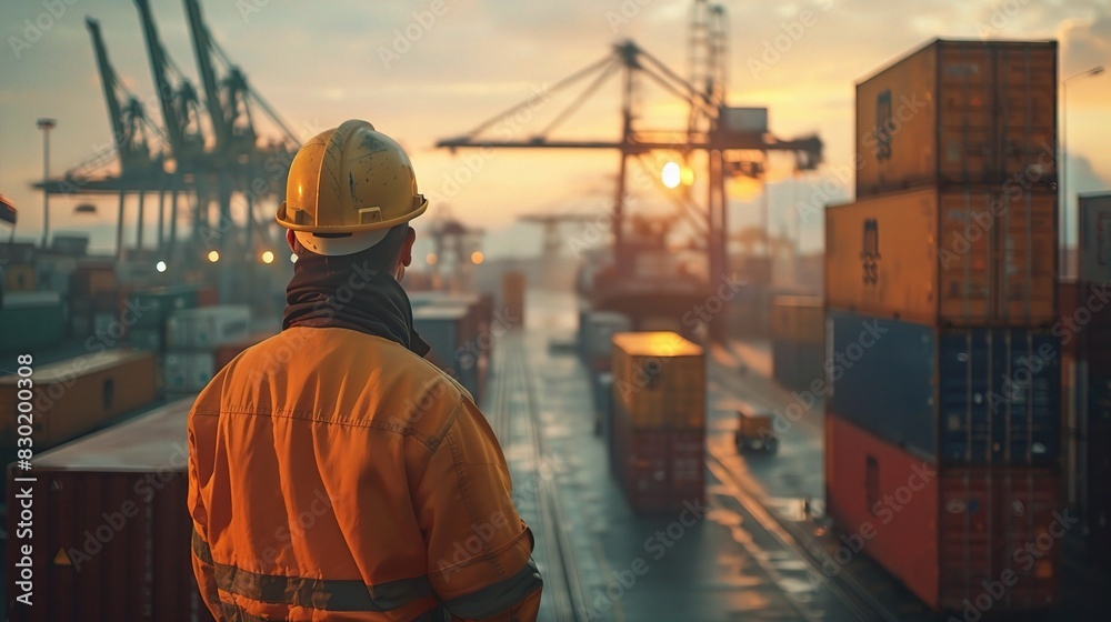 dockworker handling cargo containers in a busy port with cranes in the background dockworker handling cargo containers in a busy port with cranes in the background