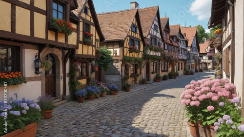 A quaint European village with cobblestone streets  half-timbered houses  and blooming flower boxes. Generative AI.