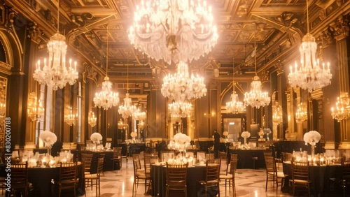 A luxurious dining room adorned with chandeliers and tables, setting a glamorous ambiance for a formal event, A glamorous black-tie affair in a luxurious ballroom with crystal chandeliers photo