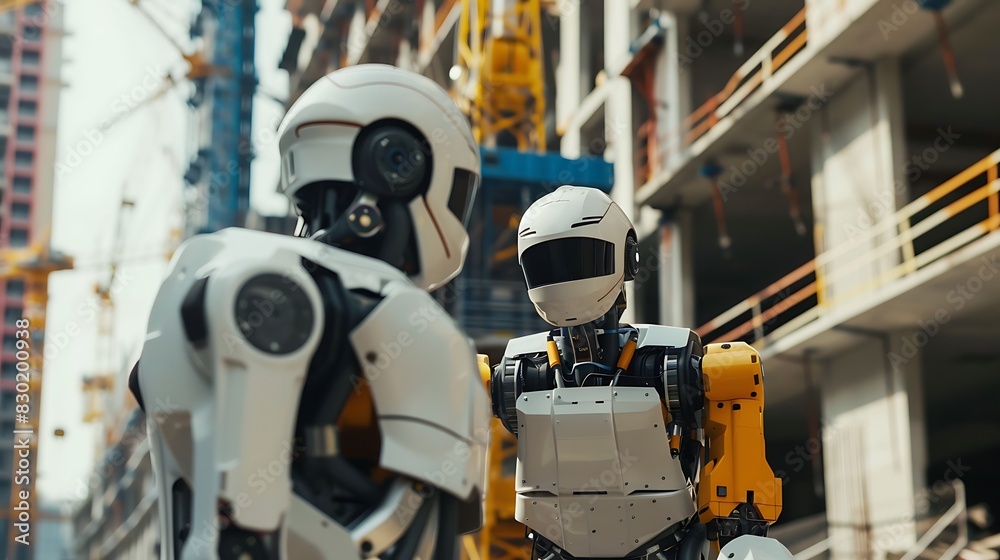 A robot supports a construction worker by transporting heavy materials and tools on a building site