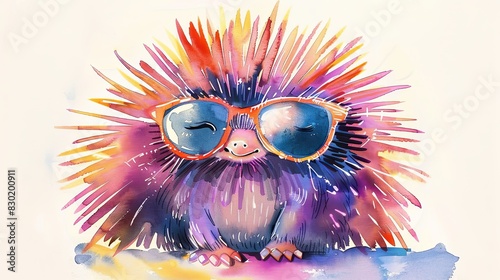 Portrait of a funny echidna wearing sunglasses. The animal is drawn in watercolor drawing style. Illustration for cover, postcard, greeting card, postcard, interior design, decor or print..