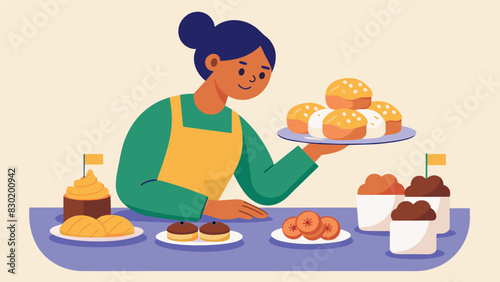 A student artistically arranging a platter of glutenfree treats showing inclusivity and diversity in the bake sale offerings.. Vector illustration