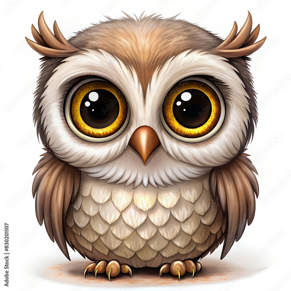 Obraz premium A charming illustration of a cute brown owl with large light-green eyes. Perfect for adding a touch of whimsy and nature to your projects. Ideal for greeting cards, posters, and wildlife-themed design