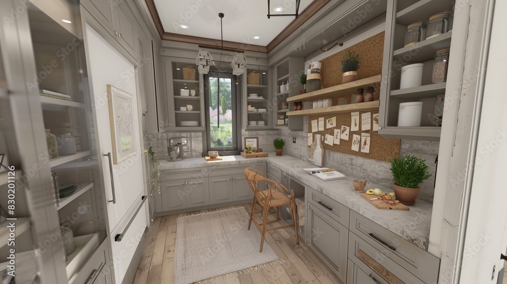 Kitchen Workspace: A multifunctional kitchen workspace with a built-in desk, corkboard, and ample storage for meal planning, recipe organization, and culinary inspiration. Kitchen Workspace: A multifunctional kitchen workspace with a built-in desk, corkboard, and ample storage for meal planning, recipe organization, and culinary inspiration.
