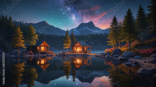 A peaceful lakeside retreat with cozy cabins  a campfire  and star-filled skies above. Generative AI.