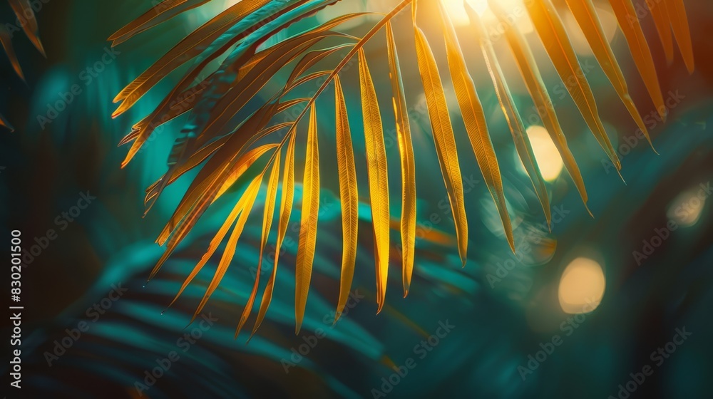 sun filters through blurred foreground leaves, backdrop – green, yellow