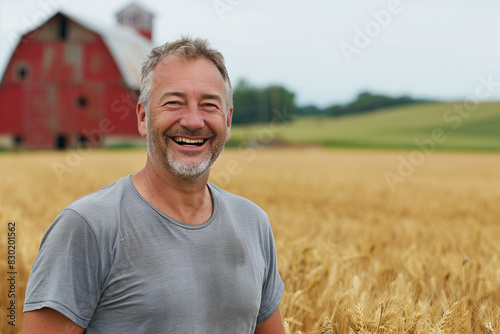 Joyful Middle-aged Caucasian Man Smiling in a Wheat Field with a Red Barn in the Background on a Sunny Day