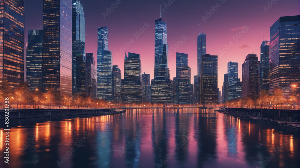 A vibrant cityscape at twilight with illuminated skyscrapers reflecting on the river. Generative AI.